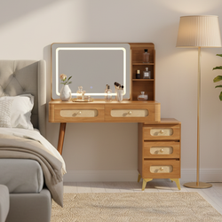 Homy Casa Kalmar 47" Vintage Walnut Vanity Desk with 5 Drawers and Lighted Mirror