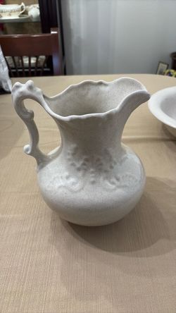 Vintage Ceramic Pitcher and bowl with Embossed Floral Detail