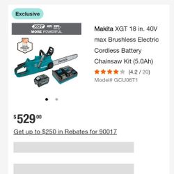 Makita
XGT 18 in. 40V max Brushless Electric Cordless Battery Chainsaw Kit (5.0Ah)