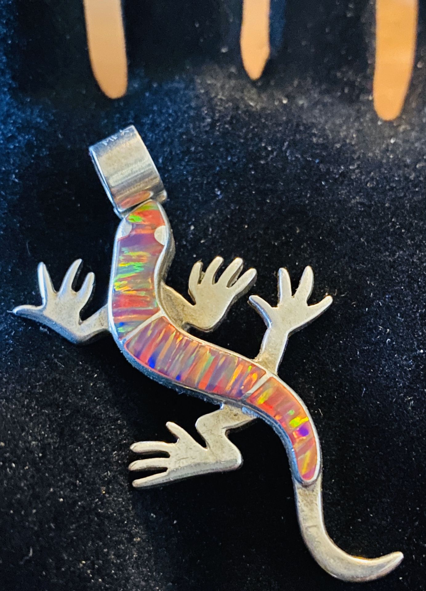 Vintage Mexico 950 Sterling Gecko Lizard Hot Fire Opal Stone Inlay