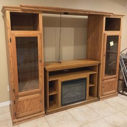 Entertainment Center Solid Oak Amish Media Center TV Cabinet Wall Unit Fireplace Insert Living Room Furniture OLD CLASSIC Sleigh 6 Piece End Cabinets