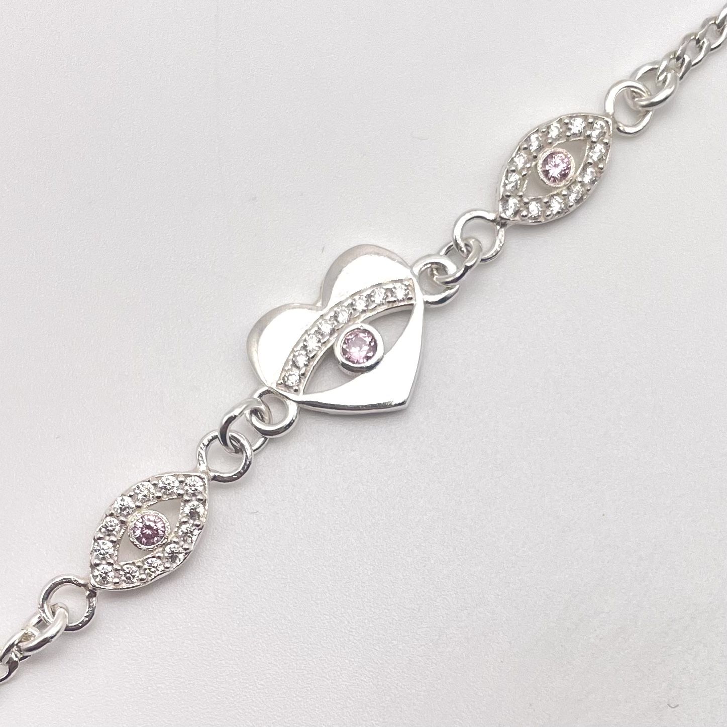 Solid 925 Sterling Silver Evil Eye Heart Pink CZ 7 1/4 inch Protection Bracelet