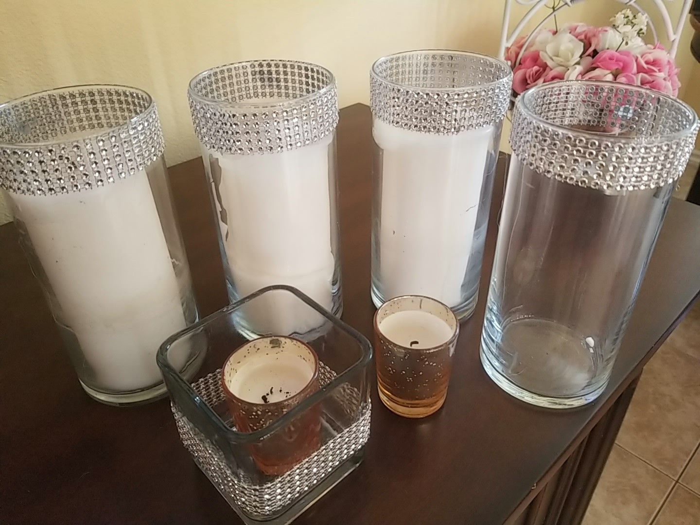 6 Elegant glass candle holders/vases