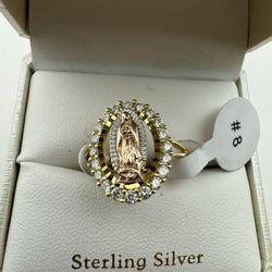 Sterling Silver Gold Tone Metal  CZ Virgin Mary Halo  Shaped Ring Size 8 NIB