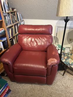 Red Leather Recliner Rocking Chair – Used, Comfortable, Some Wear