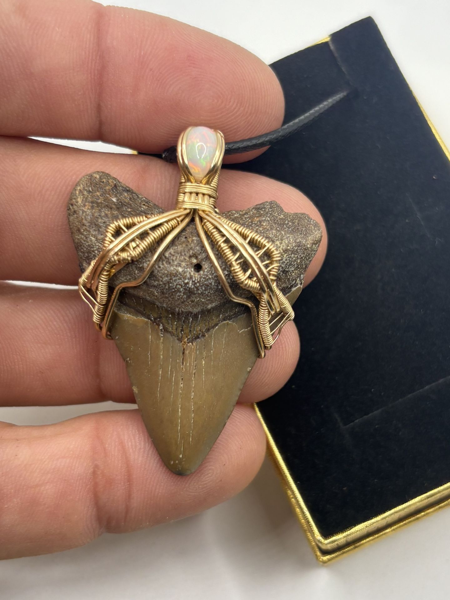 Mini Megalodon Shark Tooth Necklace 14k Gold Filled Wire And Opal Gem