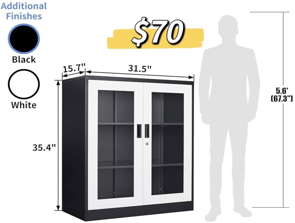 😀 Metal Storage Cabinet, Glass Cabinet Sideboard, Bookcase with Glass Doors, Curio Cabinet with 2 Adjustable Shelves, Lockable Metal Display Cabinet