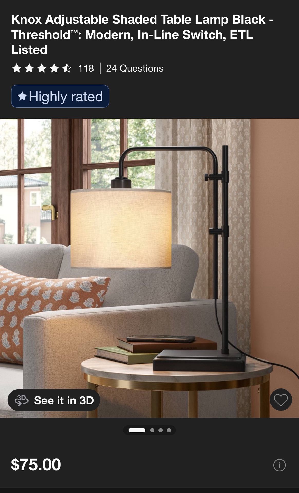Modern Adjustable Black Table Lamp – Threshold™ Knox (Brand New with Original Tags)