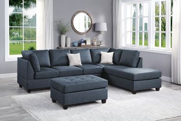 Brand 112" x 84" Dark Blue Linen Reversible Sectional + Ottoman