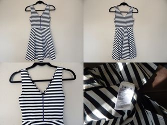Zipper front Skater Dress XS black and white stripes fit and flare sleeveless