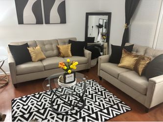 2 piece couch set, and geometric rug