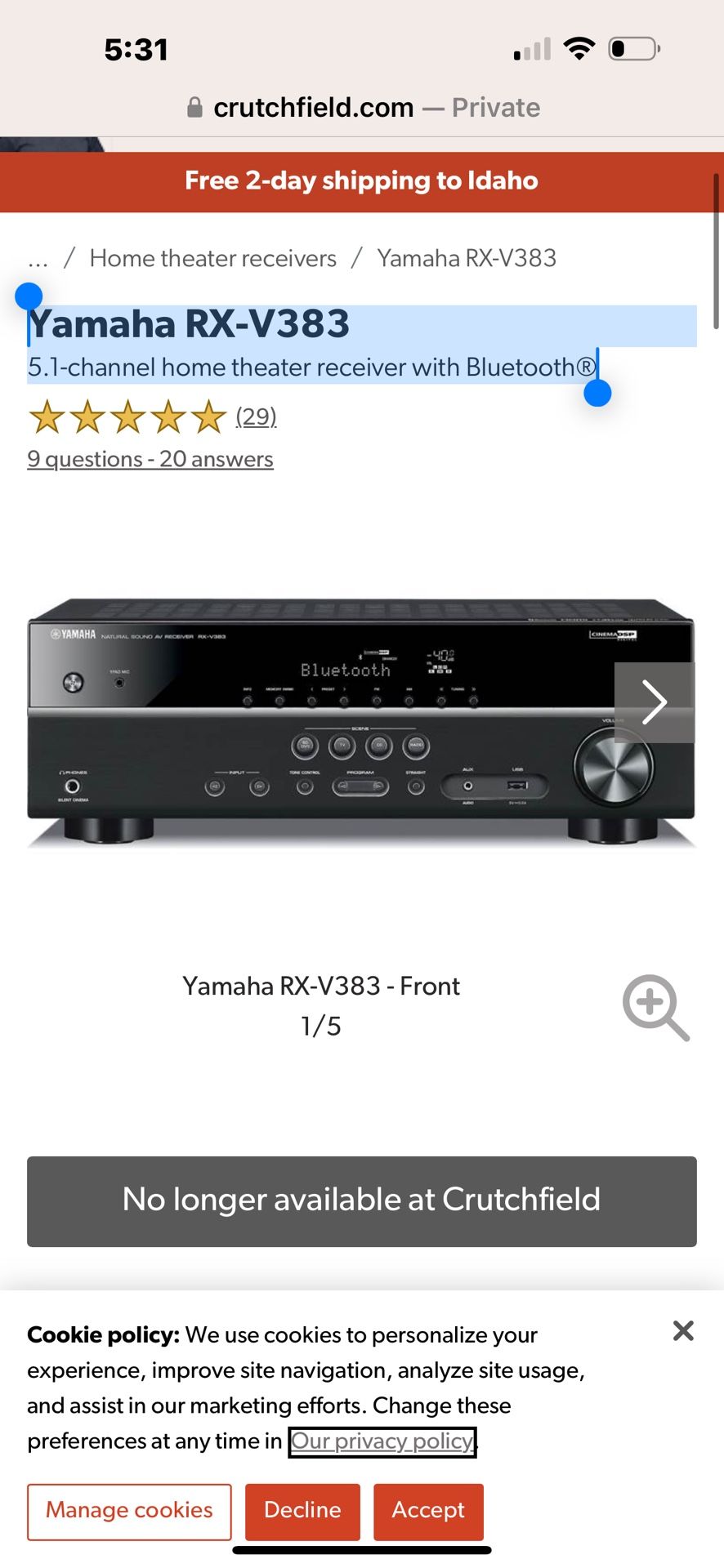 Yamaha RX-V383 5.1-channel home theater receiver with Bluetooth®
