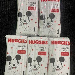 Lot Of 5 ~ Huggies Snug & Dry Baby Diapers Size 1 (8-14lbs) 38ct Each)