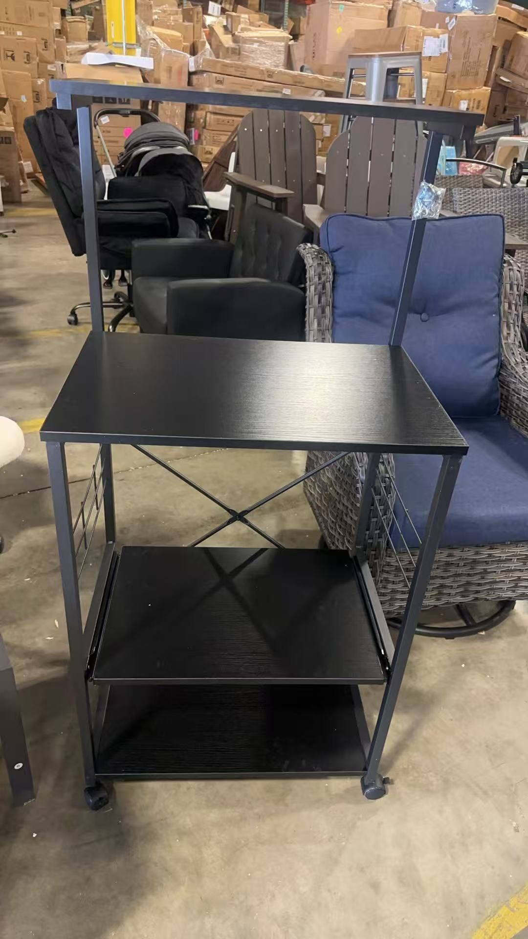 Engineered Wood and Steel Microwave Cabinet in Black - 4-Tier Storage Shelf with Accessory Hooks - Multipurpose Storage Unit for Kitchen, Living Room