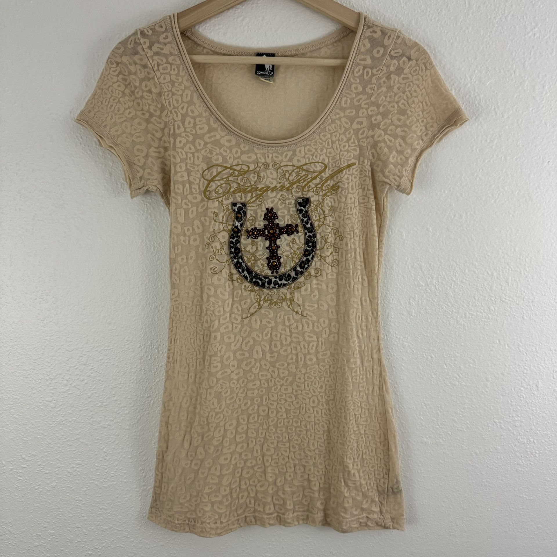 COWGIRL UP Vintage Y2K Beige Cheetah Semi Sheer Horseshoe Cross Graphic Tee