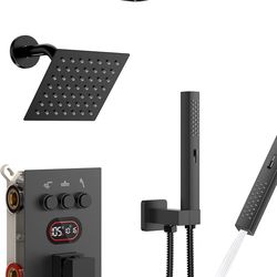 Push Button Diverter Shower Faucet Set Hydro Power Temperature Display, Shower System Ceiling Mounted 10" & Wall Mounted 6" Shower Head with 3-Spary H