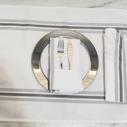 Dinner Cloth Napkins Solid White With Grey Stripe 
