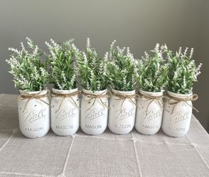 Chalk Painted & Distressed Mason Jar Vases w/faux Flowers Included 6 for $32