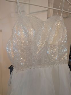 White Sequin Tulle Formal Gown with Pearl Waist