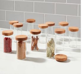Glass and wood spice jars-New in the box set of 12 for $15