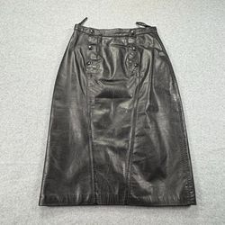 VTG 90s Black Genuine Leather Snap Front Midi Skirt Waist Womens Size 32 A-Line