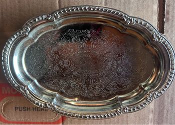 Vintage Silverplated Oval Serving Tray Japan 12" Rococo Pattern
