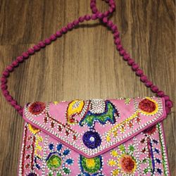 NWOT Handmade Pink Embroidered Purse w Colorful Elephants, Flowers, A Turtle & Zipper & Snap Button Closure