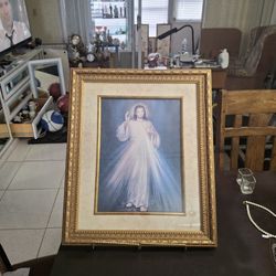 Beautiful Framed And Matted Jesus Christ Divine Mercy, Two Rays Emanating From His Heart 15" X 11" Print