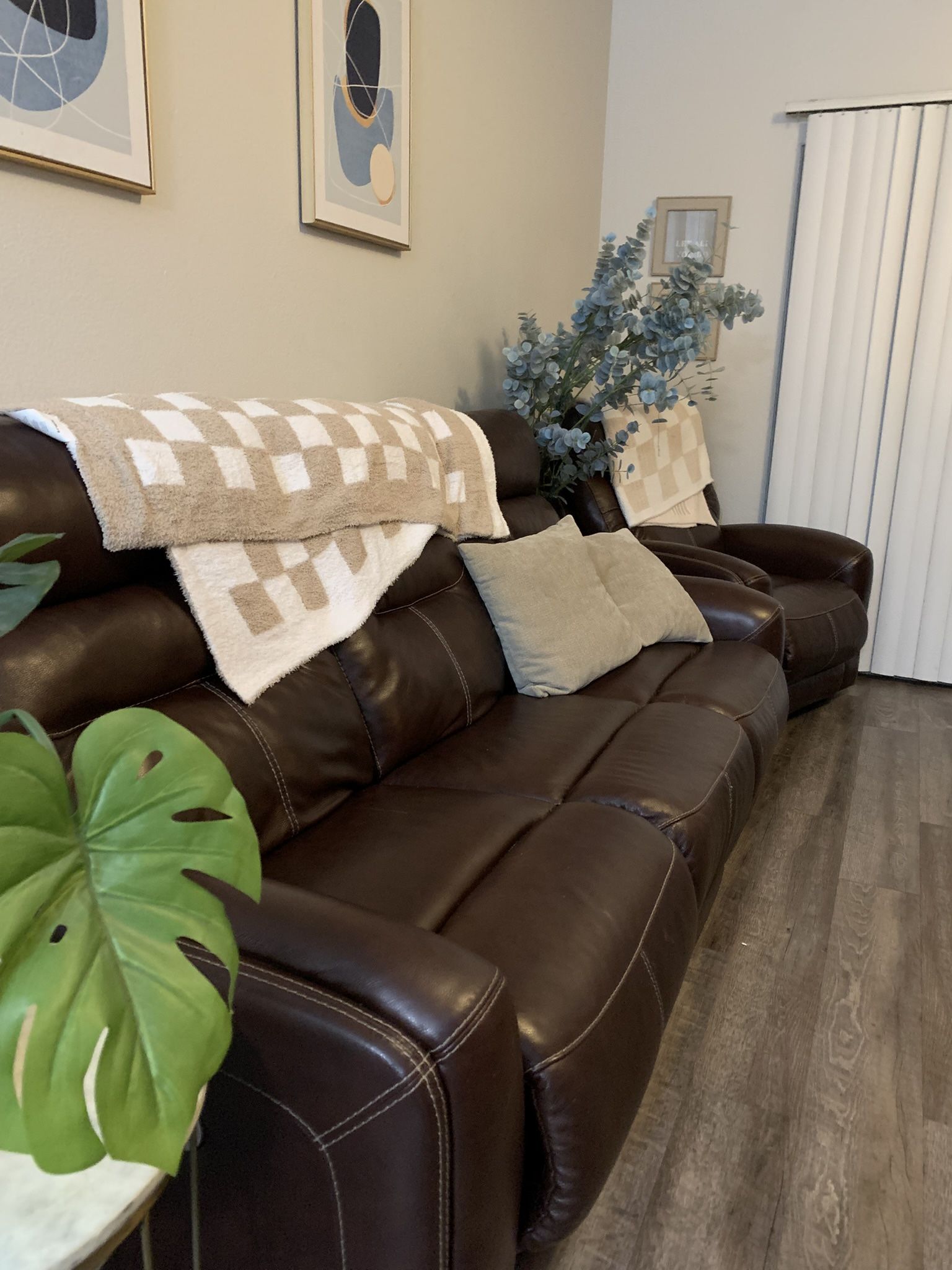 Brown Leather Reclining Sofa & Chair