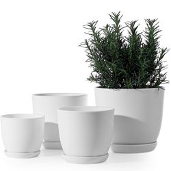 New in box Plastic Plant Pot -  7.5/6.3/5.5/4.5 Inch Modern Decorative Indoor Planter with Drainage Hole and Trays for All House Plants White, Set of 