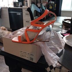 Justfab Clear Neon Orange Wedge. Size 8.5