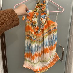 NWT Orange Tie Dye Pom Pom Detail Halter Top