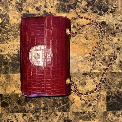 Paradox Maroon Red Croc Embossed Leather Shoulder Bag Purse Minimalist Classic