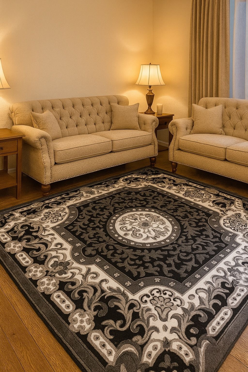 8x10 Black Gray White Traditional Medallion Area Rug