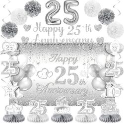 Silver 25th Wedding Anniversary Decorations Banner, 25th Anniversary Table Centerpieces Hanging Swirls Tissue Pompoms Foil Balloon For 25 Years Silver