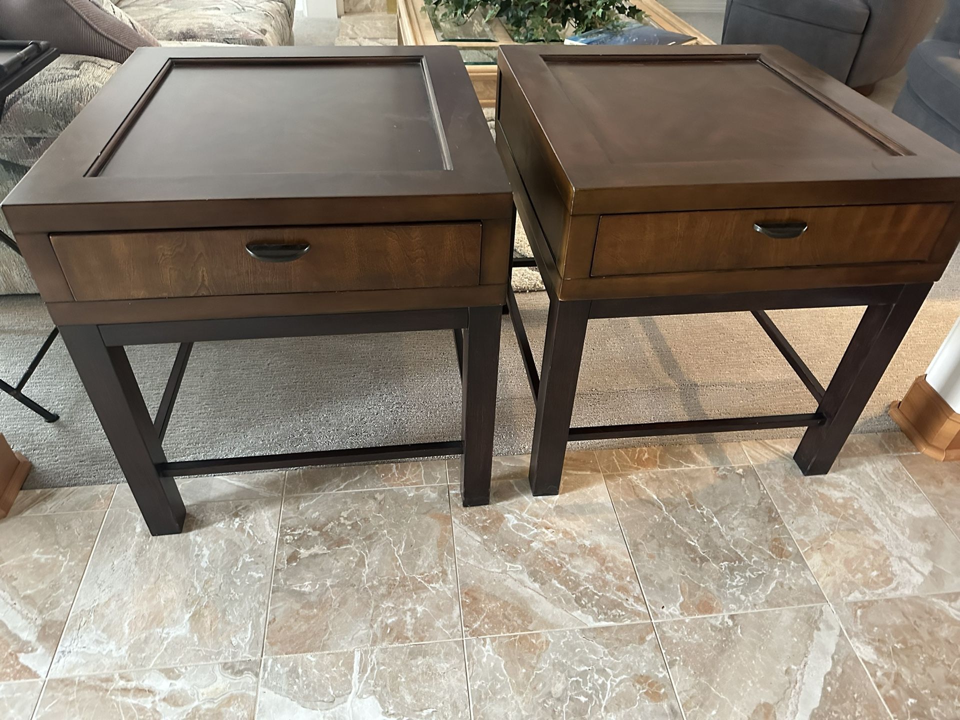 Two Brown Wood Matching End Tables