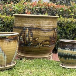 Vintage LOT 3- Glazed Stone pottery Planter Pots Mid Century Handcrafted Pottery Vase Garden Decor Planters Plant Flowers Tree Succulents Yard Herbs 