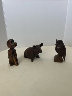 Set of 3 Animal carved wood vintage