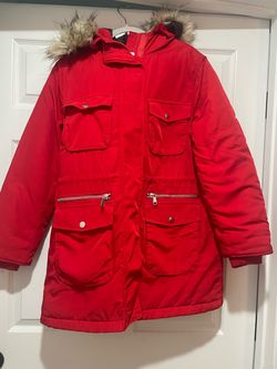 H&M Women's Padded Parka Coat Removable Faux Fur Collar WINTER Red