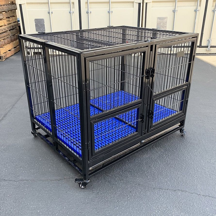 (NEW) $190 Folding Heavy-Duty Dog Crate 41”x31”x34” Dual-Door Stackable Cage Kennel, Divider, Plastic Tray 