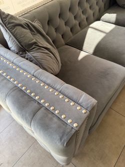Gray Velvet Tufted Sofa with Nailhead Trim
