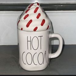 Rae Dunn “HOT COCOA” White Mug Whipped Cream Peppermint Topper