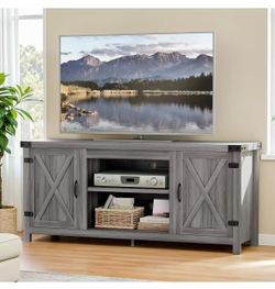 #B Modern Farm Style TV Stand with Two Doors Barn Style and Storage Cabinets for TVs up to 65+ Inches, Table Console Entertainment Center, Furniture $