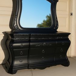 Elegant French Provincial Black Dresser with Mirror – Solid Wood