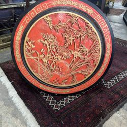 Vintage Asian Round Carved Wood Lacquered Wall Art 