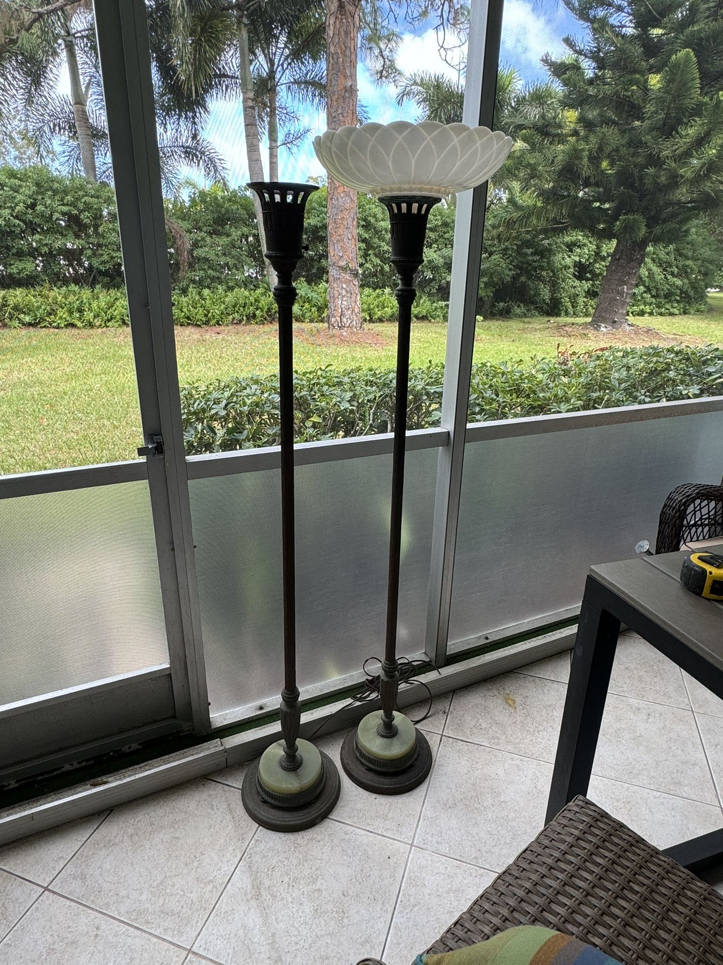 Vintage Marble Base Floor Lamps with Cream Colored Scalloped Glass Top