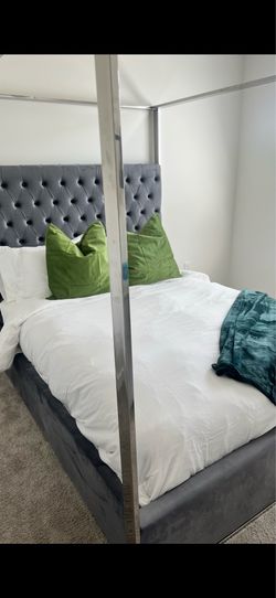 Grey Velvet Tufted Upholstered Canopy Queen Bed