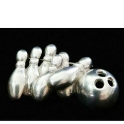 •RARE• 2-1/4" x 1-5/8 Solid Sterling Silver Bowling Pins & Ball Pin Brooch, Mex