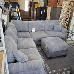 New Gray Corduroy Sofa Couch Sectional Set With Ottoman 