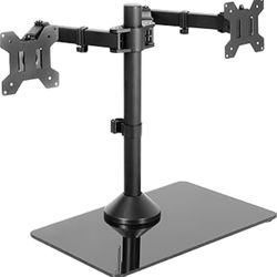 VIVO Freestanding Dual Monitor Stand with Sleek Glass Base and Adjustable Arms, Mounts 2 Screens up to 32 inch and 22 lbs Each, Black